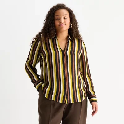 Worthington Womens Plus Long Sleeve Satin Blouse