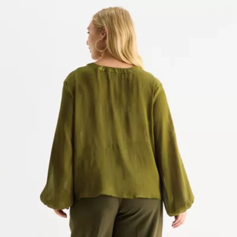 Worthington Womens Plus Split Tie Neck Long Sleeve Blouse