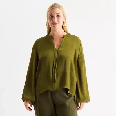 Worthington Womens Plus Split Tie Neck Long Sleeve Blouse