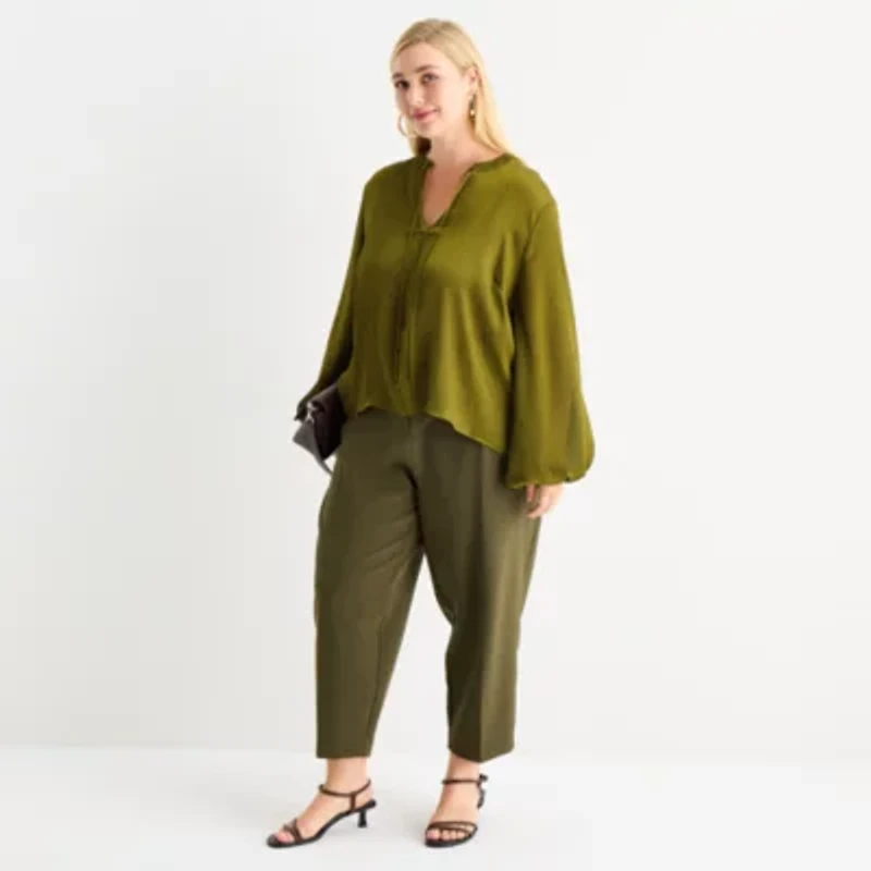 Worthington Womens Plus Split Tie Neck Long Sleeve Blouse