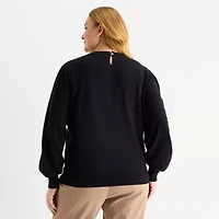 Liz Claiborne Plus Womens Crew Neck Embellished Long Sleeve Pullover Sweater
