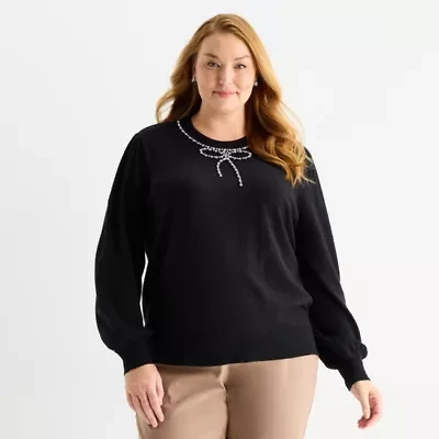 Liz Claiborne Plus Womens Crew Neck Embellished Long Sleeve Pullover Sweater