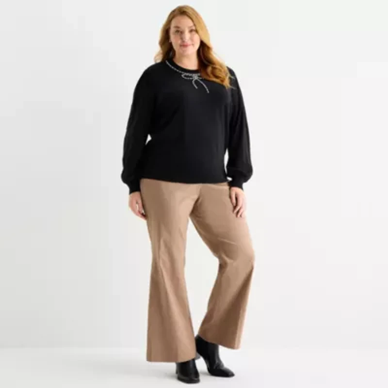 Liz Claiborne Plus Womens Crew Neck Embellished Long Sleeve Pullover Sweater