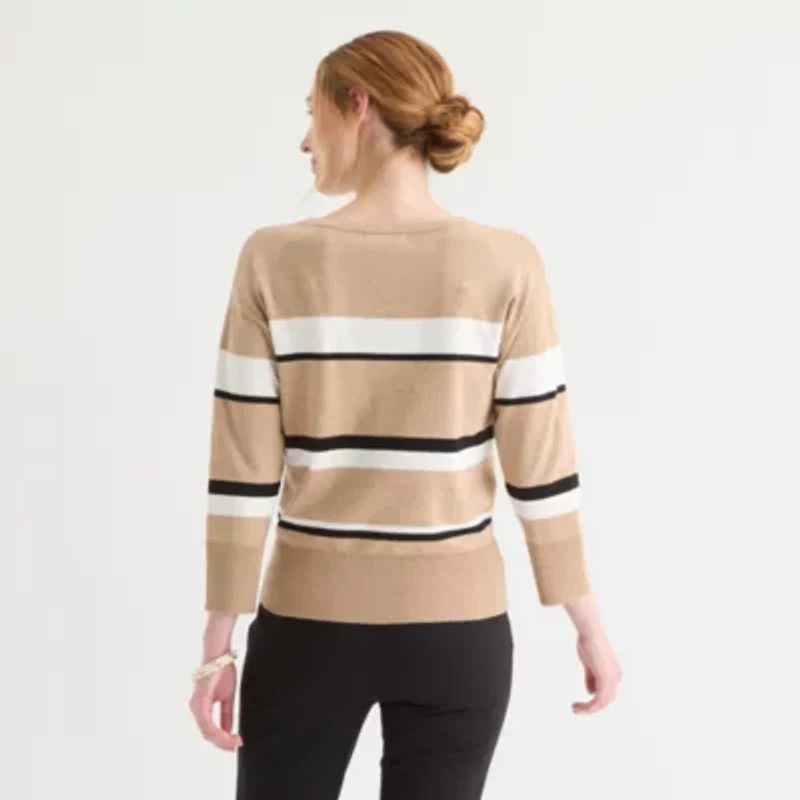 Liz Claiborne Womens Crew Neck 3/4 Sleeve Striped Pullover Sweater