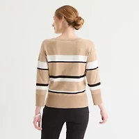Liz Claiborne Womens Crew Neck 3/4 Sleeve Striped Pullover Sweater