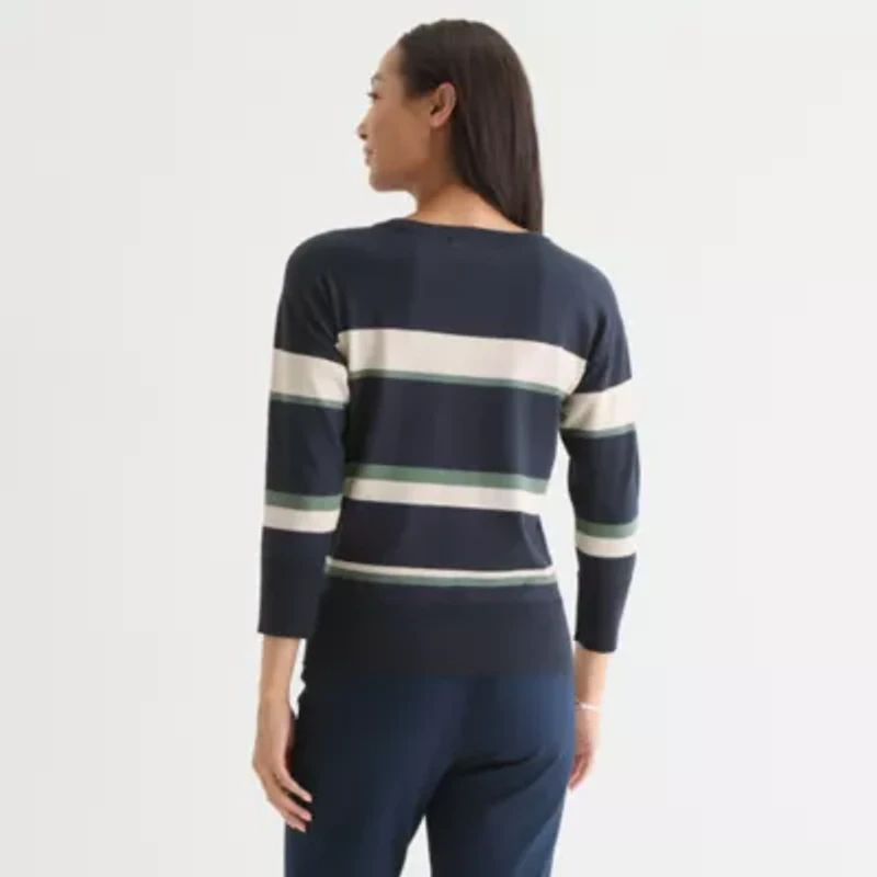Liz Claiborne Womens Crew Neck 3/4 Sleeve Striped Pullover Sweater