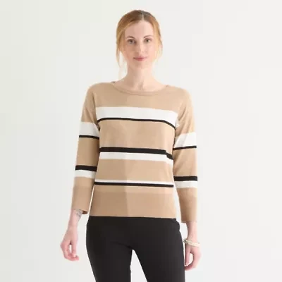 Liz Claiborne Womens Crew Neck 3/4 Sleeve Striped Pullover Sweater