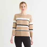 Liz Claiborne Womens Crew Neck 3/4 Sleeve Striped Pullover Sweater