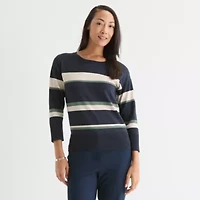 Liz Claiborne Womens Crew Neck 3/4 Sleeve Striped Pullover Sweater