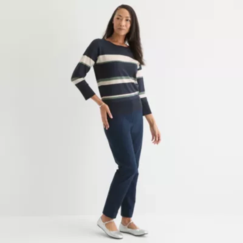 Liz Claiborne Womens Crew Neck 3/4 Sleeve Striped Pullover Sweater