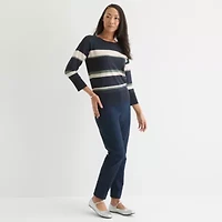 Liz Claiborne Womens Crew Neck 3/4 Sleeve Striped Pullover Sweater