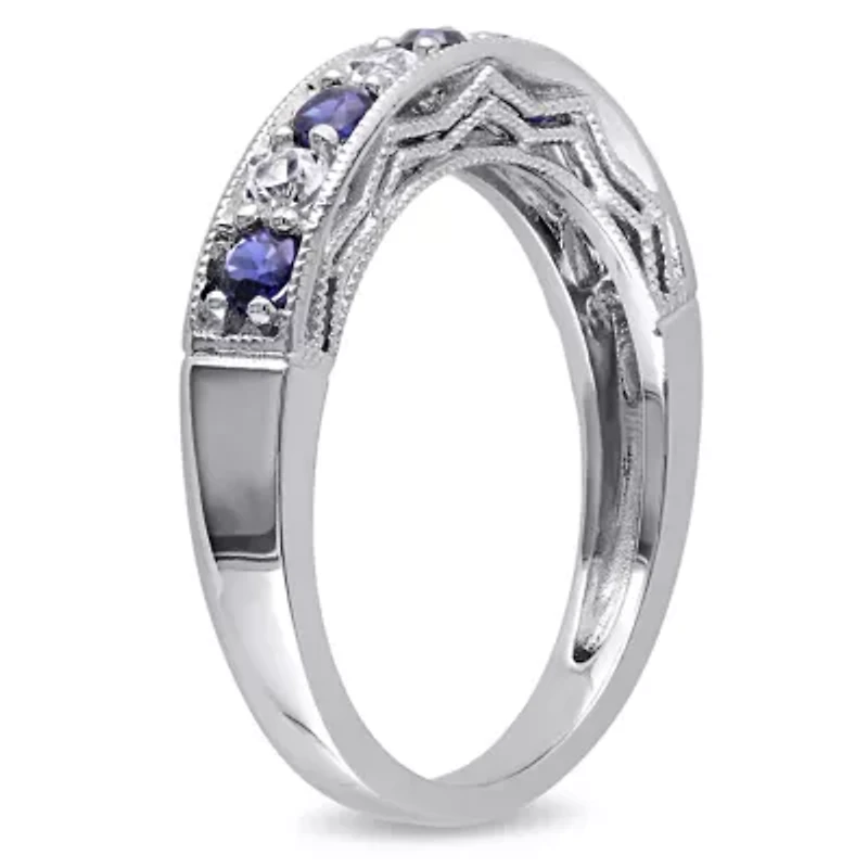 Modern Bride Gemstone Womens 2MM Lab Created Blue Sapphire Sterling Silver Wedding Band