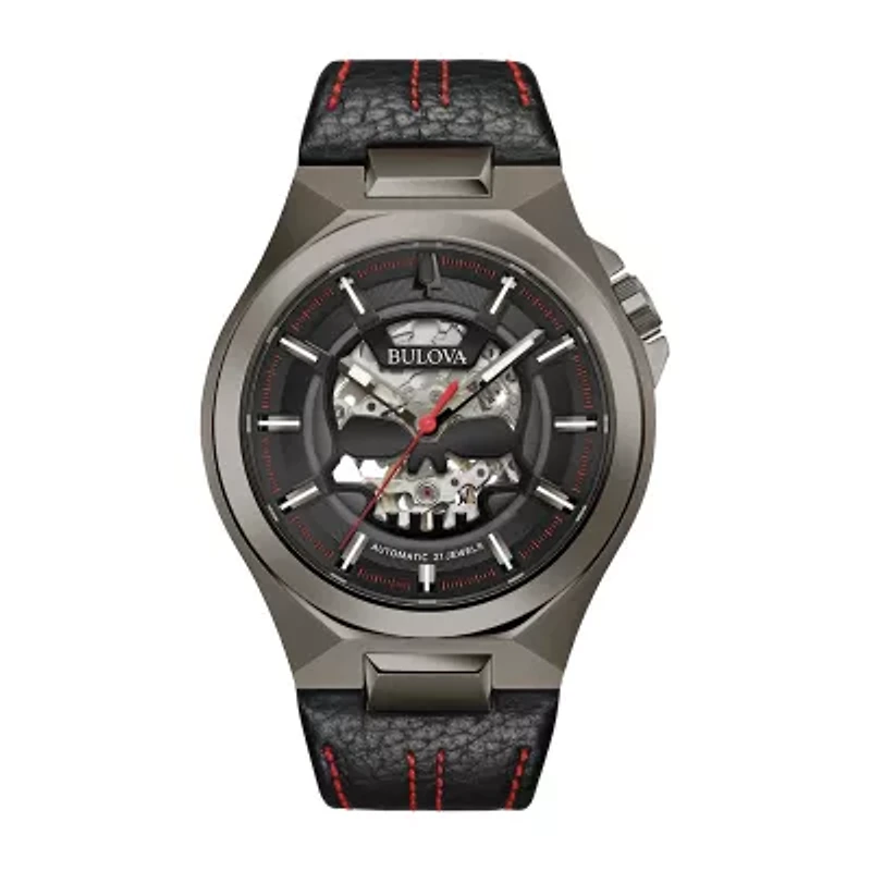 Bulova Maquina Mens Automatic Black Leather Strap Watch 98a237
