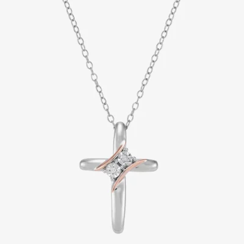 Limited Quantities! Womens Diamond Accent Natural White Diamond 14K Rose Gold Over Silver Sterling Silver Cross 18 Inch Pendant Necklace