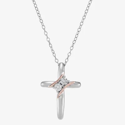 Limited Quantities! Womens Diamond Accent Natural White Diamond 14K Rose Gold Over Silver Sterling Silver Cross 18 Inch Pendant Necklace