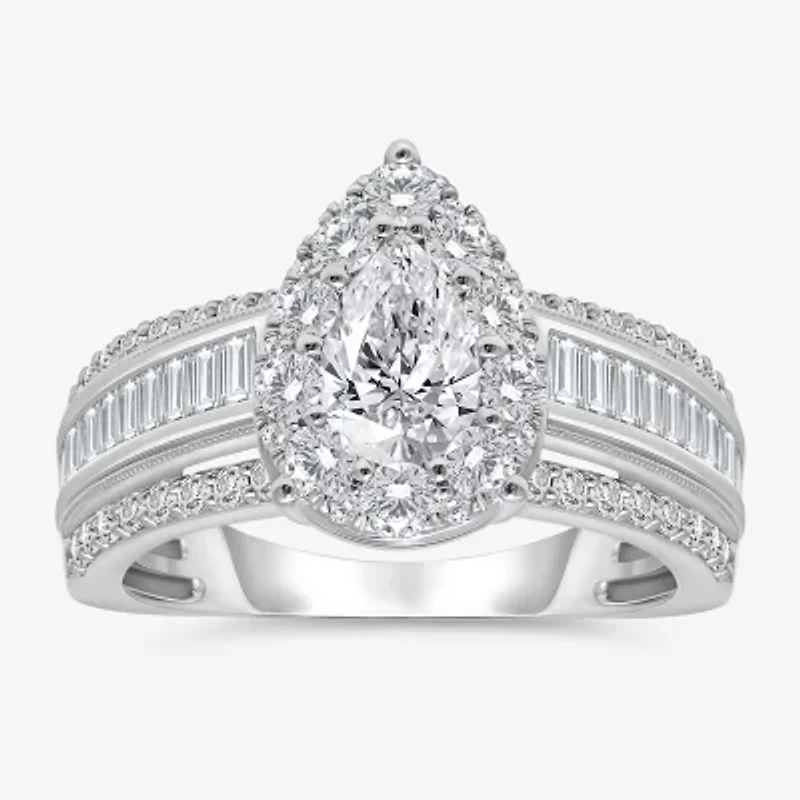 (I / I1) Womens 2 CT. T.W. Lab Grown White Diamond 10K Gold Pear Side Stone Engagement Ring
