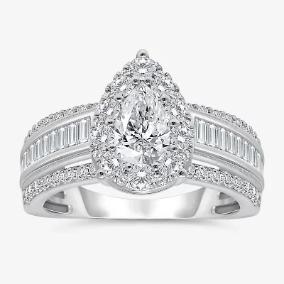 (I / I1) Womens 2 CT. T.W. Lab Grown White Diamond 10K Gold Pear Side Stone Engagement Ring