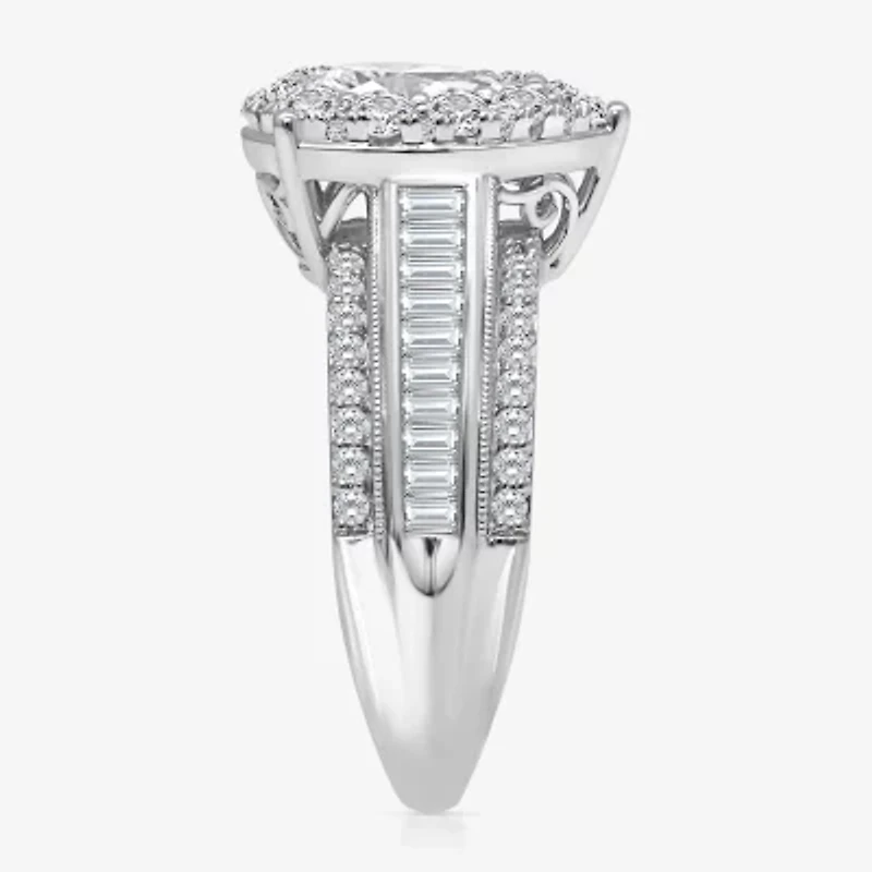 (I / I1) Womens 2 CT. T.W. Lab Grown White Diamond 10K Gold Pear Side Stone Engagement Ring