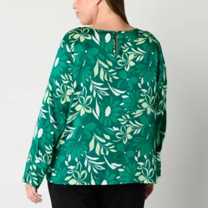 Liz Claiborne Womens Round Neck Long Sleeve Satin Plus Blouse