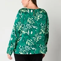 Liz Claiborne Womens Round Neck Long Sleeve Satin Plus Blouse