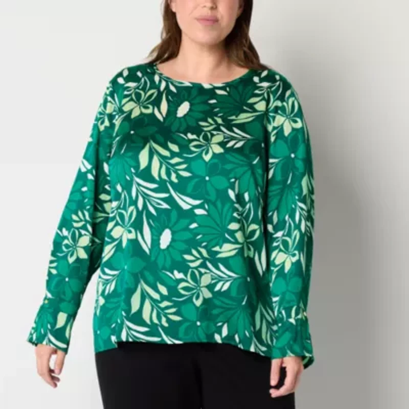 Liz Claiborne Womens Round Neck Long Sleeve Satin Plus Blouse