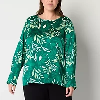 Liz Claiborne Womens Round Neck Long Sleeve Satin Plus Blouse