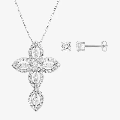 HADLEY & ROW Womens Cubic Zirconia Pure Silver Over Brass Cross 2-pc. Jewelry Set