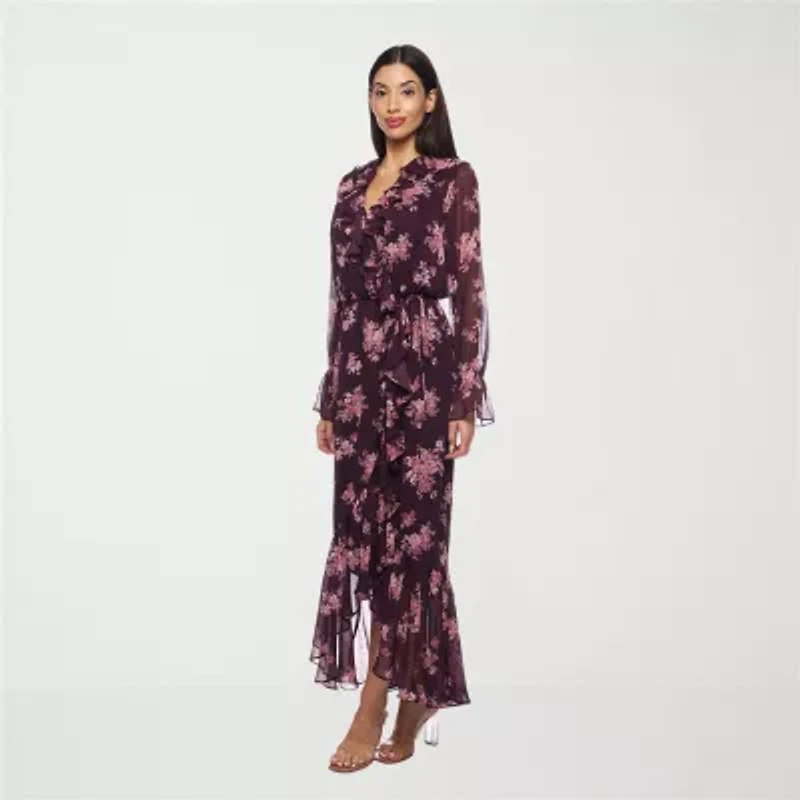 Premier Amour Womens Long Sleeve Floral High-Low Maxi Dress