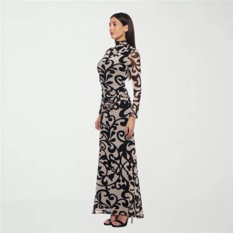 Premier Amour Womens Long Sleeve Scroll Maxi Dress