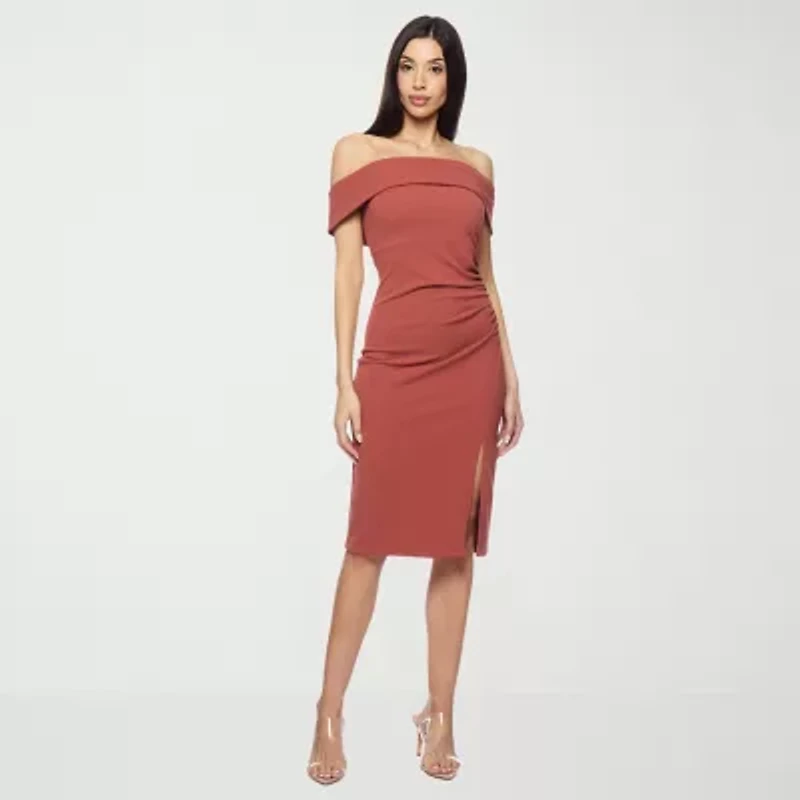 Premier Amour Off The Shoulder Womens Short Sleeve Midi Sheath Dress