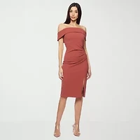 Premier Amour Off The Shoulder Womens Short Sleeve Midi Sheath Dress
