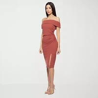Premier Amour Off The Shoulder Womens Short Sleeve Midi Sheath Dress