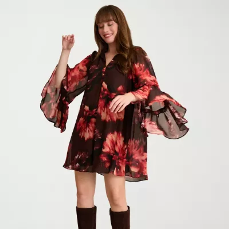 London Times Womens Long Sleeve Shift Dress
