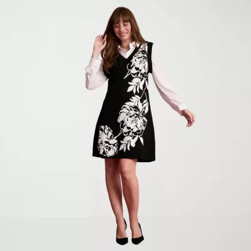 London Times Womens Long Sleeve Floral Fit + Flare Dress