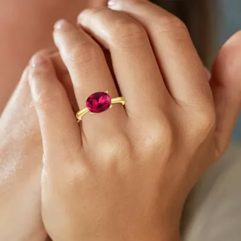 Womens Lab Created Red Ruby 14K Gold Over Silver Oval Solitaire Cocktail Ring