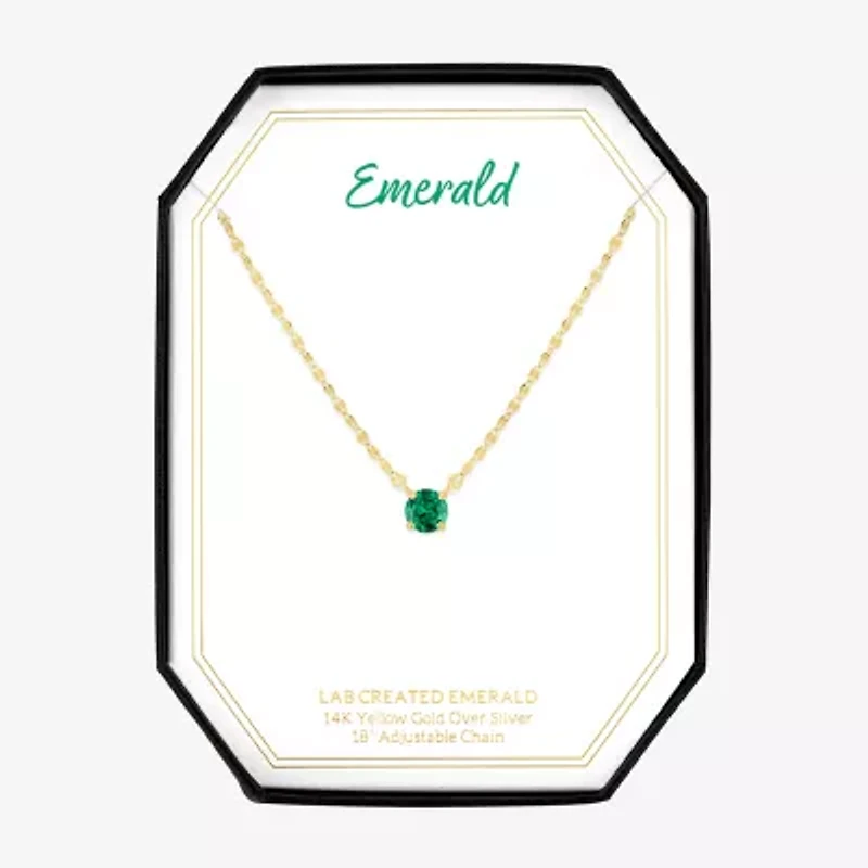 Womens Lab Created Green Emerald 14K Gold Over Silver Round 16 Inch Pendant Necklace