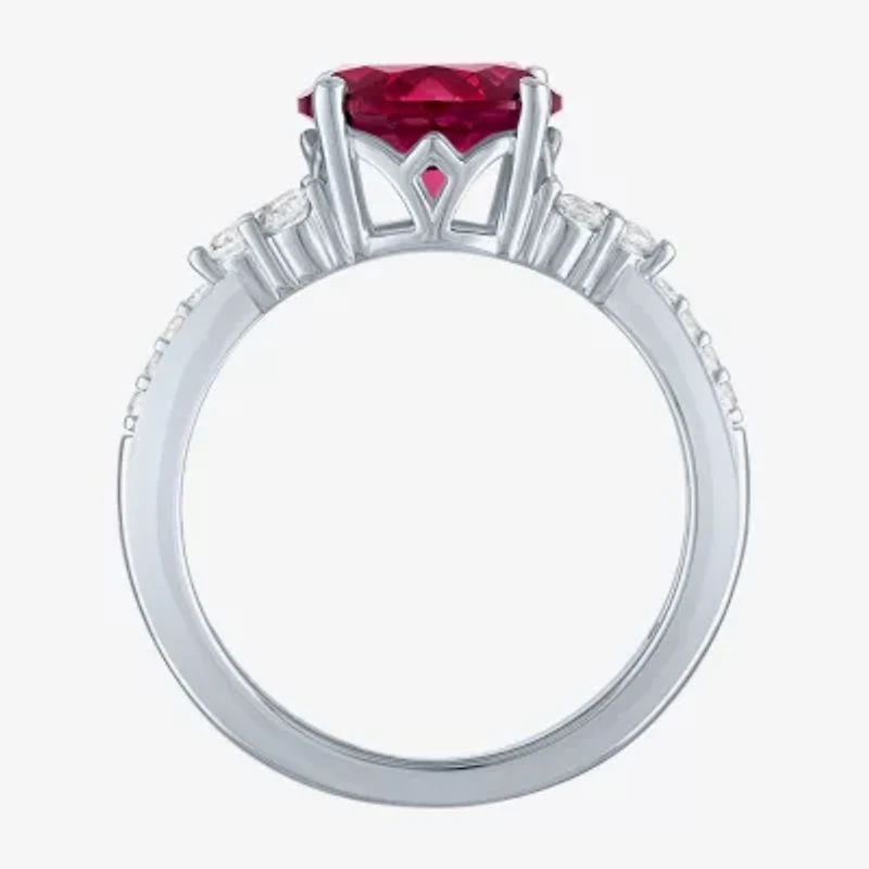 Womens Lab Created Red Ruby Sterling Silver Oval Side Stone Cocktail Ring