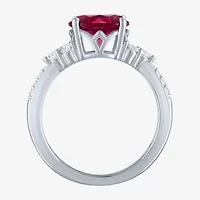 Womens Lab Created Red Ruby Sterling Silver Oval Side Stone Cocktail Ring