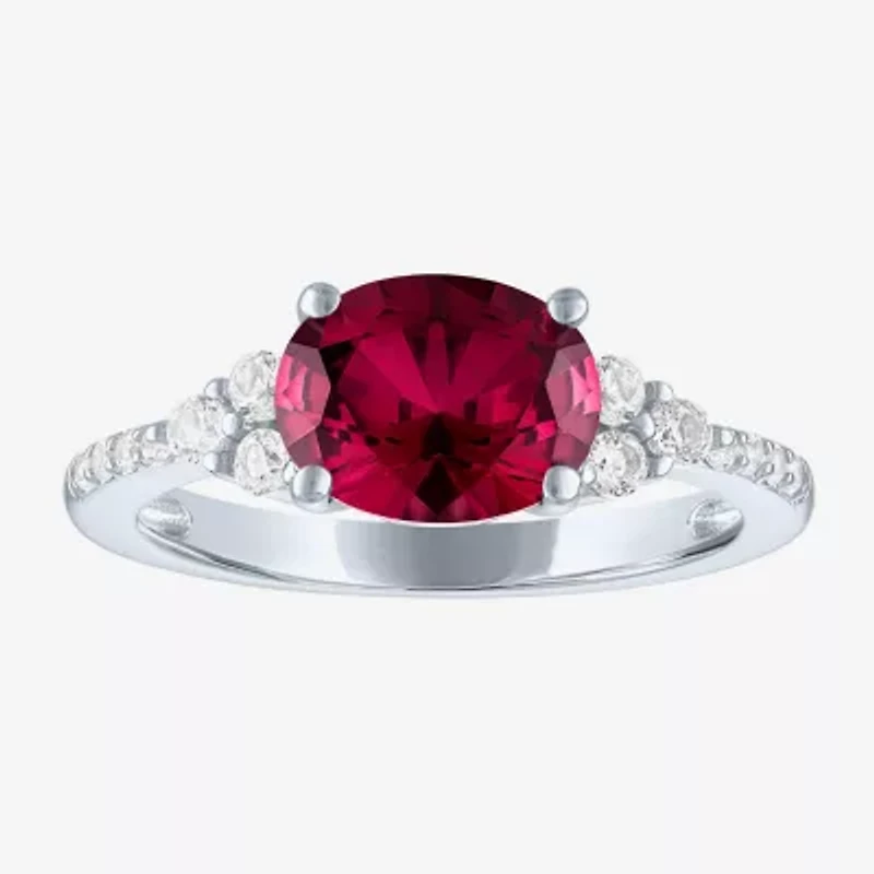 Womens Lab Created Red Ruby Sterling Silver Oval Side Stone Cocktail Ring