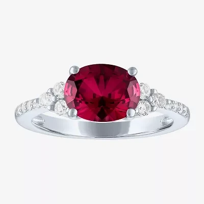 Womens Lab Created Red Ruby Sterling Silver Oval Side Stone Cocktail Ring
