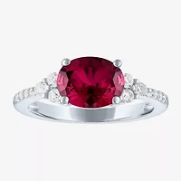 Womens Lab Created Red Ruby Sterling Silver Oval Side Stone Cocktail Ring
