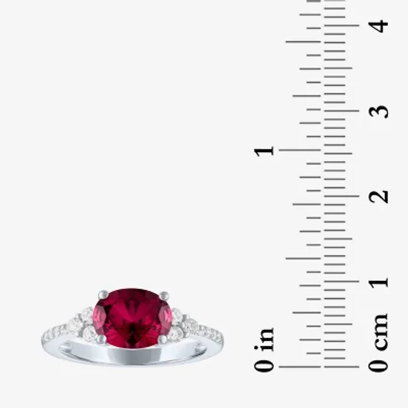 Womens Lab Created Red Ruby Sterling Silver Oval Side Stone Cocktail Ring