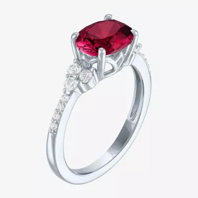 Womens Lab Created Red Ruby Sterling Silver Oval Side Stone Cocktail Ring