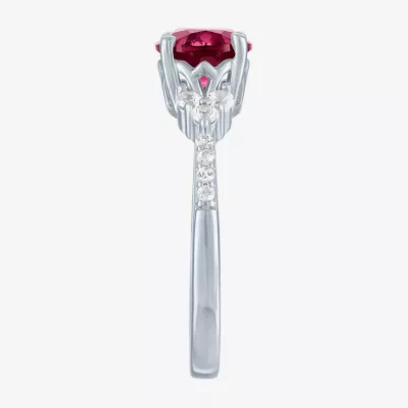 Womens Lab Created Red Ruby Sterling Silver Oval Side Stone Cocktail Ring