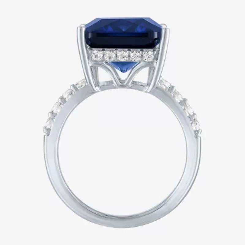 Womens Lab Created Blue Sapphire Sterling Silver Side Stone Cocktail Ring