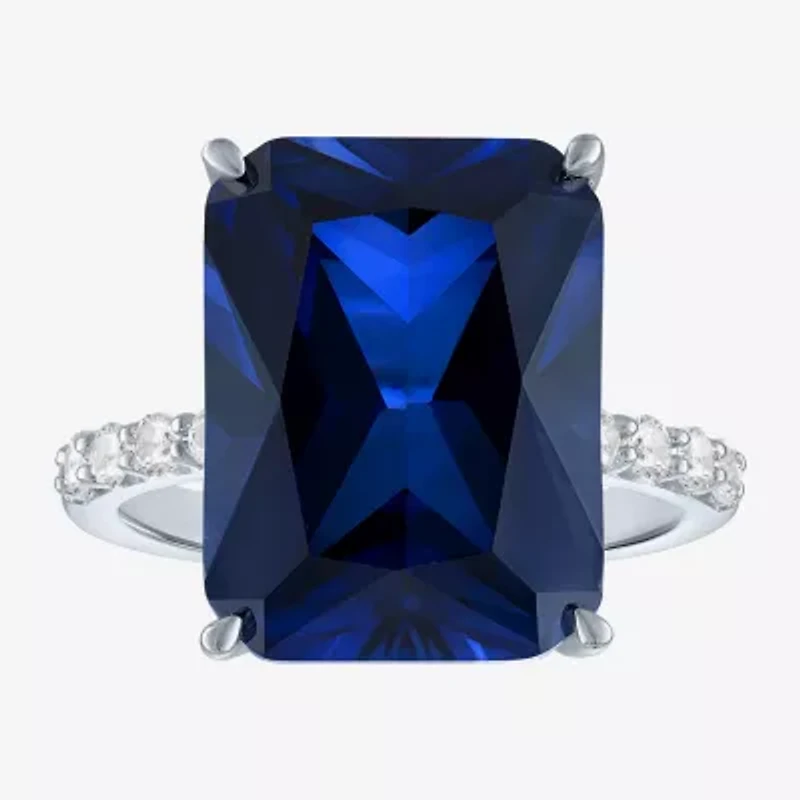 Womens Lab Created Blue Sapphire Sterling Silver Side Stone Cocktail Ring