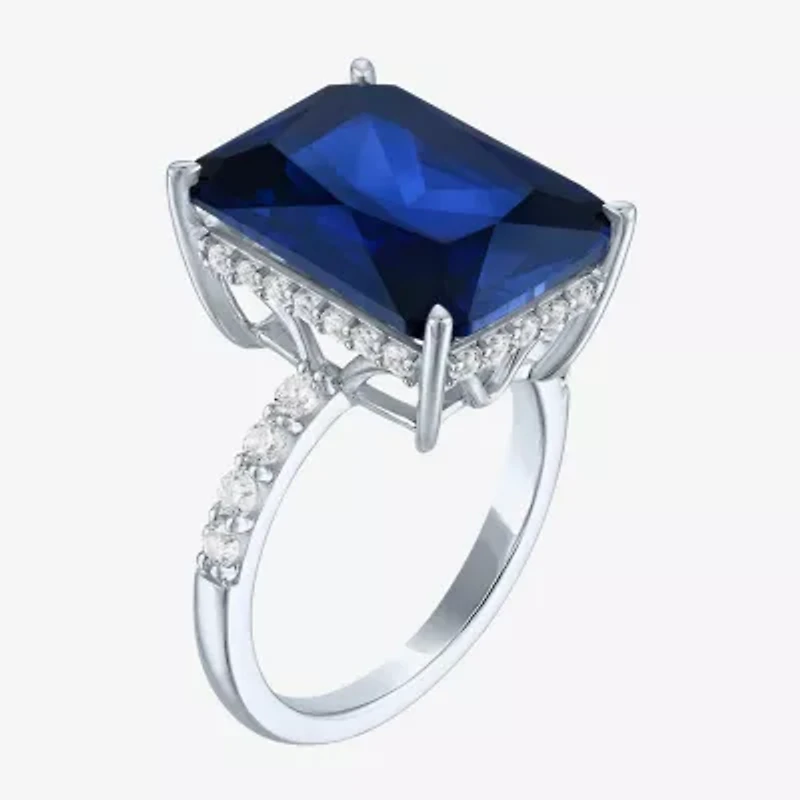 Womens Lab Created Blue Sapphire Sterling Silver Side Stone Cocktail Ring