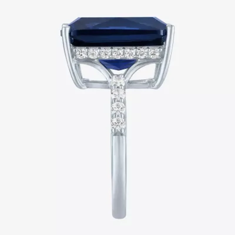 Womens Lab Created Blue Sapphire Sterling Silver Side Stone Cocktail Ring