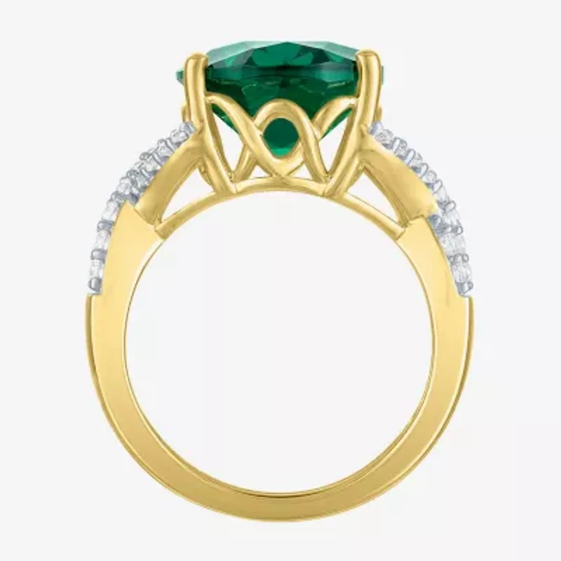 Womens Simulated Green Emerald 14K Gold Over Silver Oval Side Stone Cocktail Ring