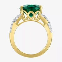 Womens Simulated Green Emerald 14K Gold Over Silver Oval Side Stone Cocktail Ring